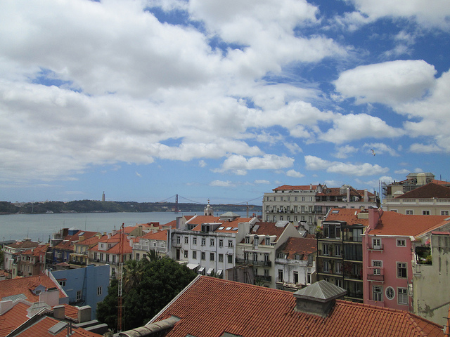 lisbon, portugal, rooftops, city, waterfront, bridge