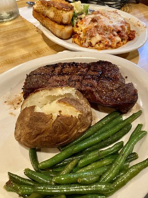 Baked potato, green beans and beef steak from cows on the Big K Guest Ranch