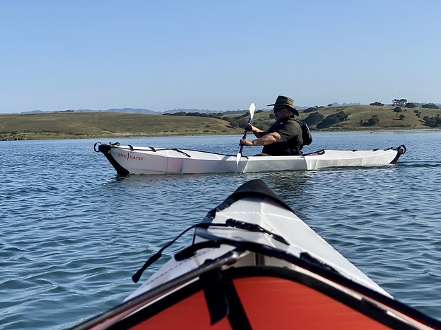 Cory Brown paddling Oru Kayak Beach LT for review in Elkhorn Slough, Moss Landing, California.