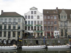 canal boats along the Leie, river, ghent, belgium