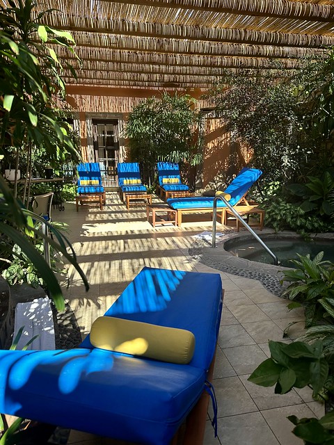 Five blue lounge chairs are spaced on the patio of Cactus Spa relaxation area. The outdoor hot tub has a metal handrail with two steps into the jacuzzi pool. Lush, tropical Mexican plants are growing on the covered patio. 