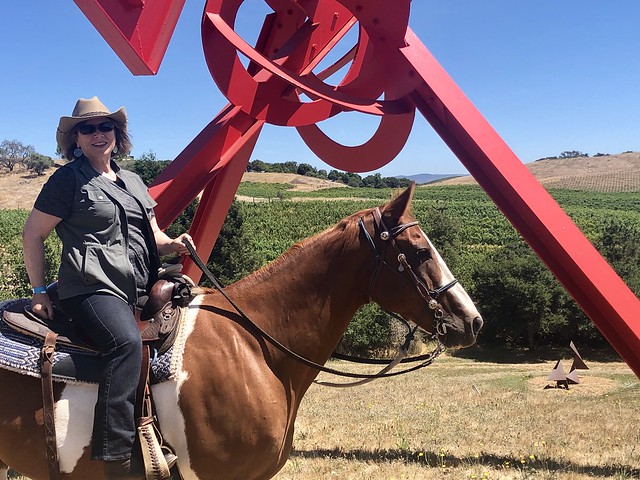 Equestrian travel writer Nancy D. Brown rides her horse through the di Rosa Center for Contemporary Art in Napa, California. She is in front of Mark di Suvero's sculpture entitled "For Veronica" di Rosa.