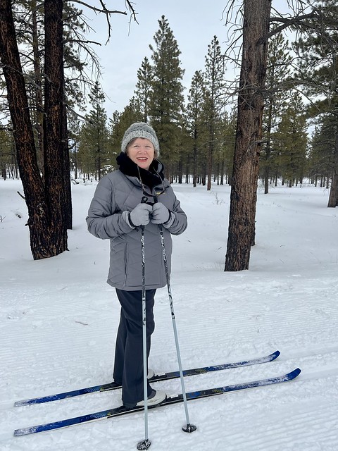 Travel Writer Nancy D. Brown on cross-country skis at Fairyland in Bryce Canyon National Park, Utah. She is surrounded by snow-covered pine trees and a blanket of fresh snow. 