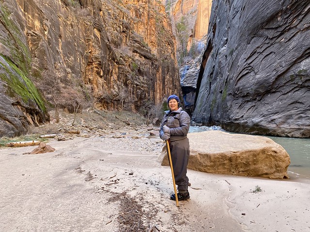 Travel Writer Nancy D. Brown stands on a sand bar at Wall Street, the narrow part of The Narrows, with the Virgin River snaking by. Nancy is wearing waders and canyoneering boots with neoprene socks, as well as waterproof gloves. She carries a wooden walking stick to help her navigate the icy waters during winter in Southern Utah 