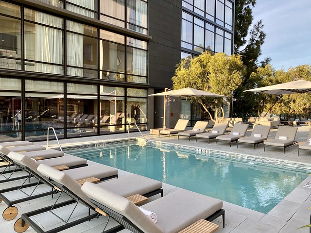 Terrace swimming pool at Tetra Silicon Valley hotel is heated year-round. 