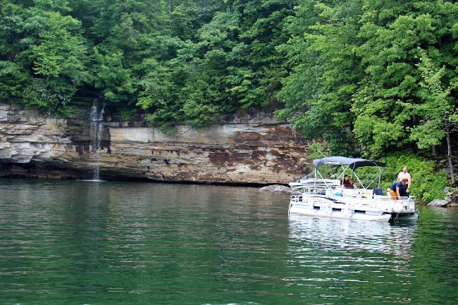 One of the pontoon boats by the waterfall