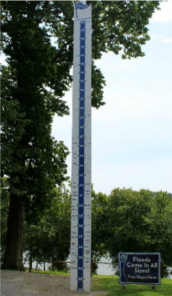 A marker chronicles the height of the waters that have flooded Coney Island over the years.